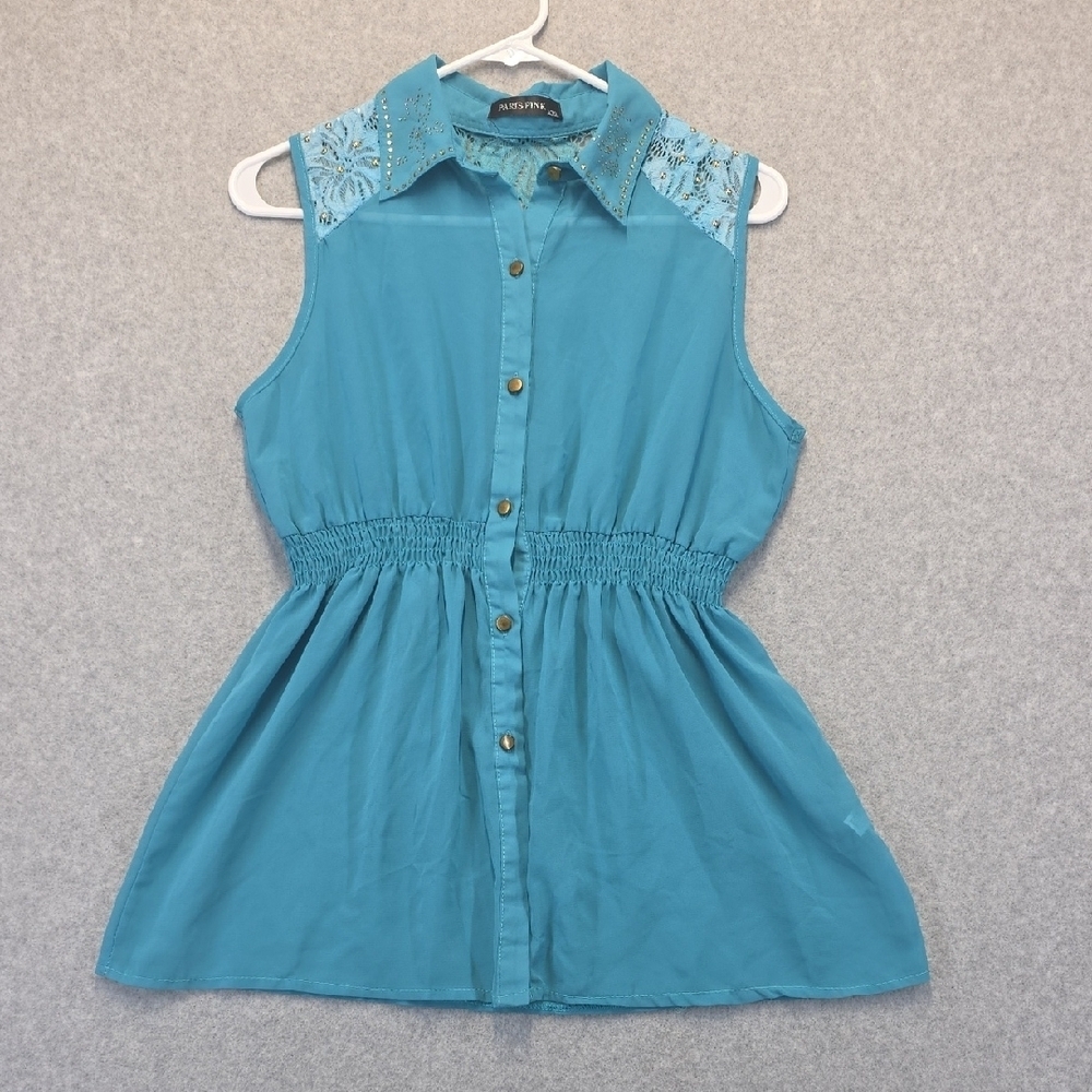 Paris Pink Embellished Lace Shoulder Sleeveless Blouse Turquoise Studded Collar